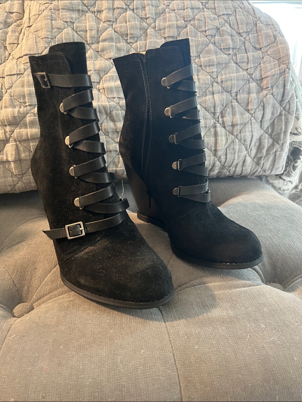 BCBG Generation Kadeer Black Suede Strappy Wedge Ankle Boots - Women